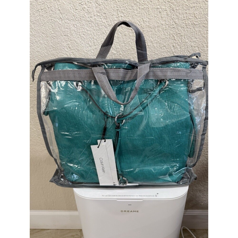Calvin Klein Reversible Tote Bag Teal Turquoise Silver Tone NWT